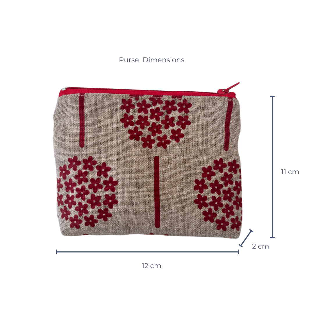 Purse with red floral pattern and measurements on a white background