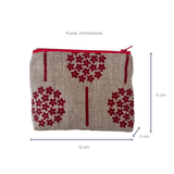 Purse with red floral pattern and measurements on a white background