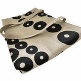Organic Linen tote bag with black circular pattern on a white background