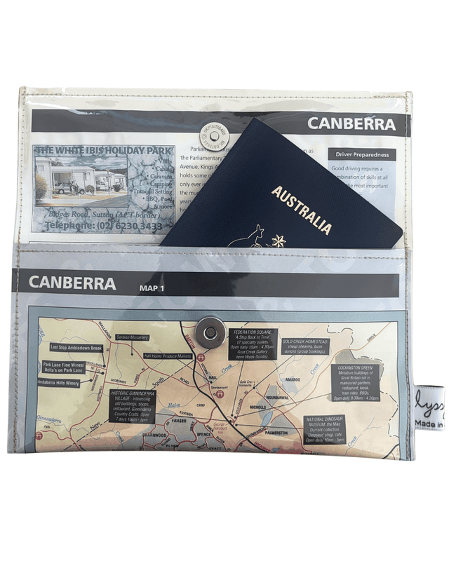 Slimline recycled street map wallet featuring 1998 Canberra suburbs, hand-stitched and protected with clear PVC