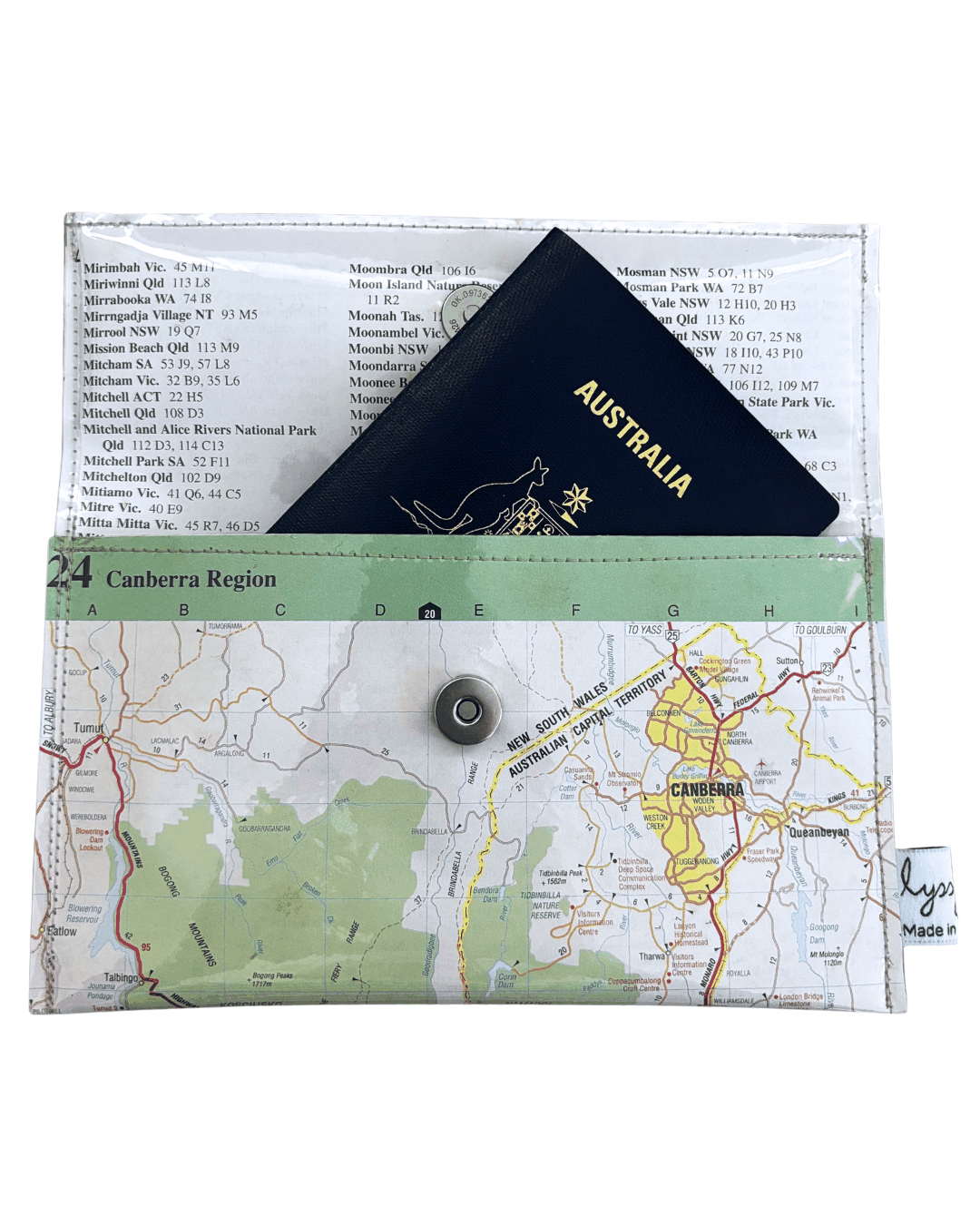 Handcrafted recycled street map wallet featuring Canberra Region and Snowy Mountains from 1995 Australian Road Atlas