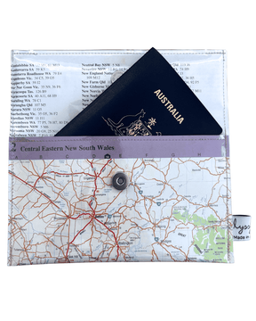 Slimline recycled street map wallet made from 1995 Australian road atlas pages featuring Central Eastern New South Wales, hand-stitched with clear PVC protection and magnetic clasp