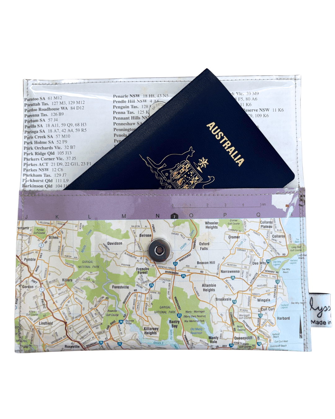 Recycled Street Map Wallet featuring Sydney Coogee Collaroy Harbour map, handcrafted from 1995 Australian Road Atlas pages with clear PVC and magnetic clasp