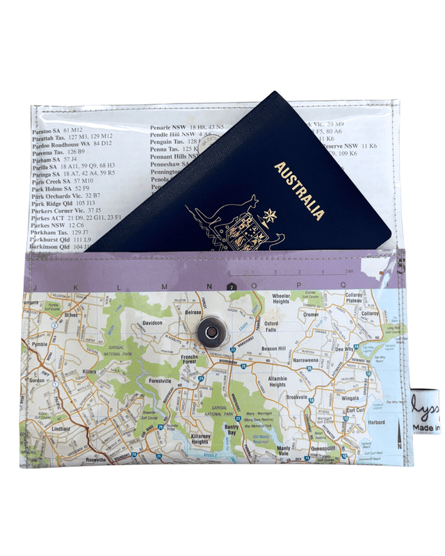 Recycled Street Map Wallet featuring Sydney Coogee Collaroy Harbour map, handcrafted from 1995 Australian Road Atlas pages with clear PVC and magnetic clasp