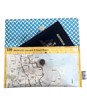 Recycled street map wallet featuring Brisbane approach and bypass routes from 1995 Australian road atlas