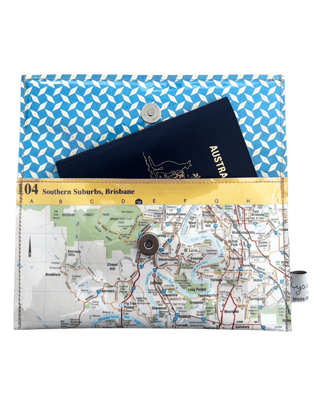 Recycled Street Map Wallet featuring Brisbane Southern Suburbs map with vintage geometric lining and magnetic closure