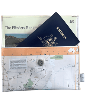Recycled map wallet featuring Flinders Ranges and Barrier Highway, made from 1995 Australian Road Atlas pages with magnetic clip closure
