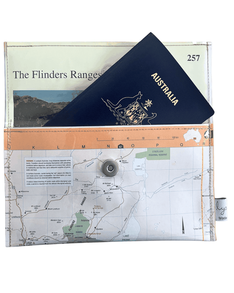 Recycled map wallet featuring Flinders Ranges and Barrier Highway, made from 1995 Australian Road Atlas pages with magnetic clip closure
