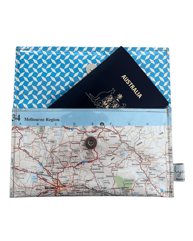 Recycled street map wallet featuring Ballarat and Geelong regions with vintage atlas pages and magnetic closure