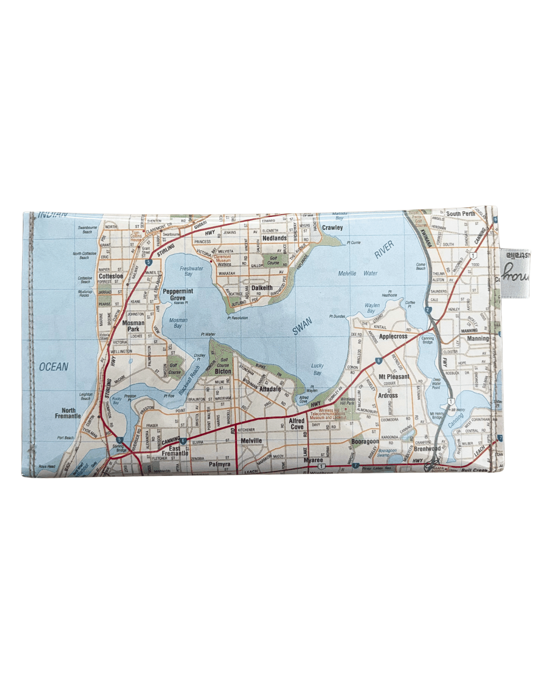 Map wallet of a coastal city with roads and water bodies on a white background