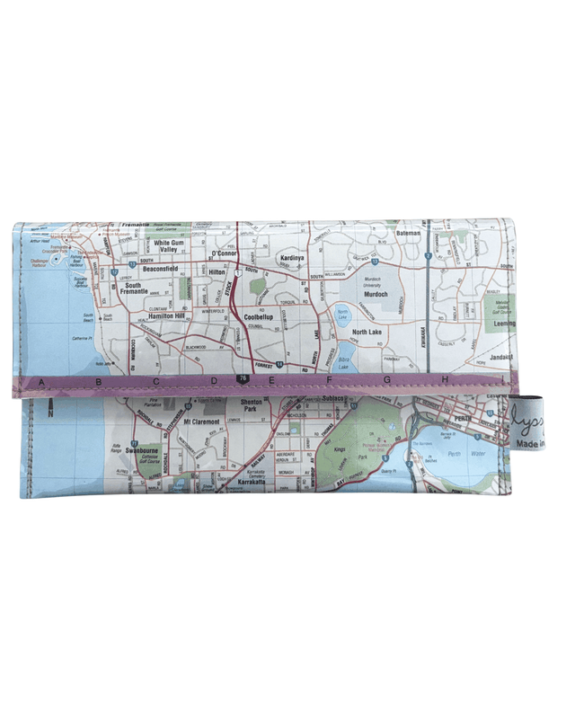 Recycled Street Map Wallet featuring Perth and Southern Suburbs map with Swan River and coastal beaches design