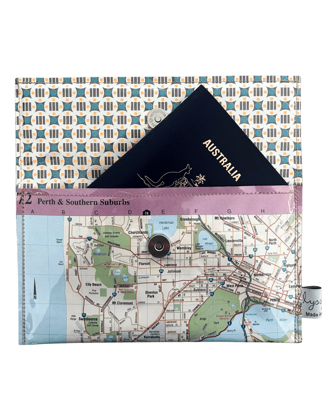 Map of Perth and Southern Suburbs with a passport in a handmade wallet on a white background