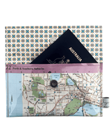Map of Perth and Southern Suburbs with a passport in a handmade wallet on a white background