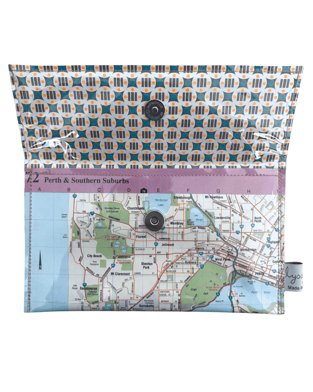 Patterned handmade wallet with a map design on a white background