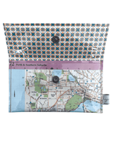 Patterned handmade wallet with a map design on a white background