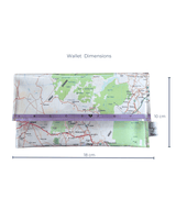 Map-patterned wallet with dimensions indicated on a white background