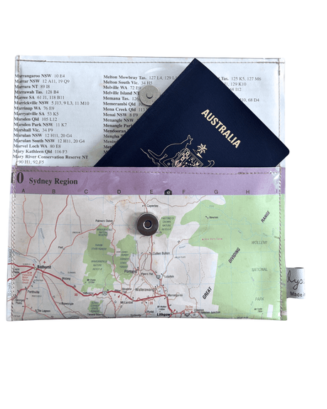 handmade wallet by lyssymay featuring map of sydney australia region with a passport inside it