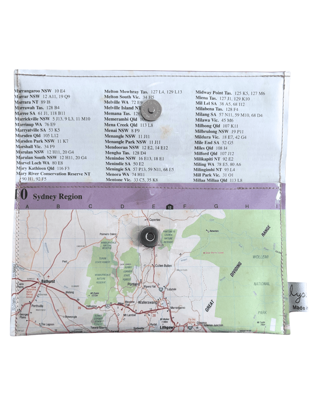inside lining of index page of a handmade wallet by lyssymay featuring map of sydney australia region 