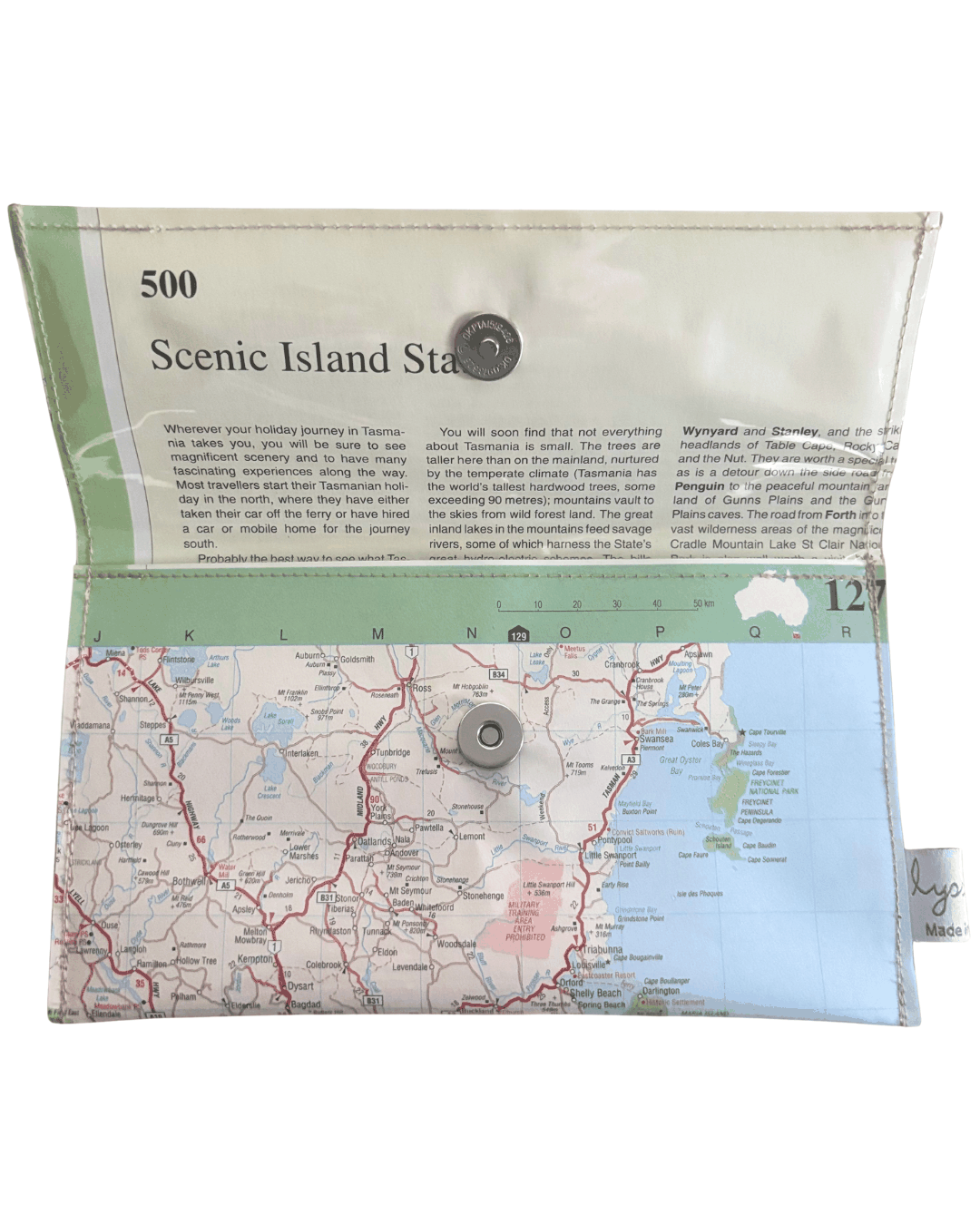 Recycled Map Wallet by LyssyMay Hobart Region inside view of lining with magnetic clip and covered with clear pvc