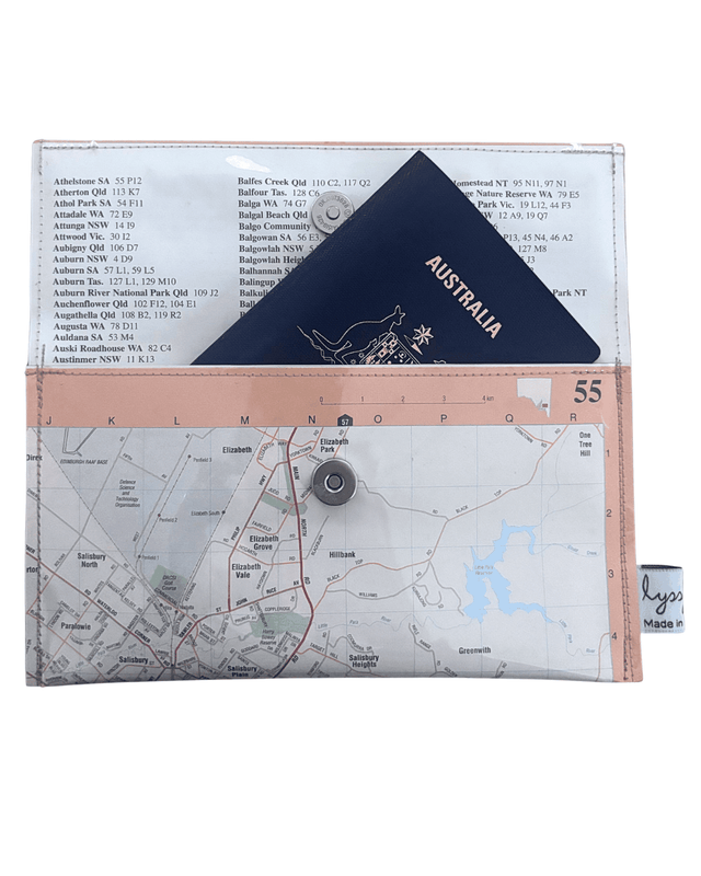 Handmade recycled map wallet featuring 1995 Adelaide Inner Northern Suburbs Australian Road Atlas pages with magnetic clasp