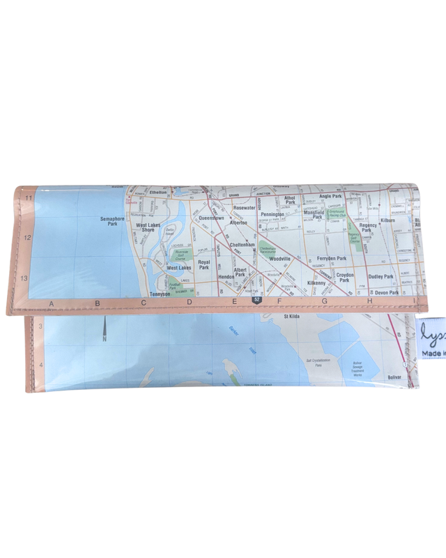 Slimline recycled map wallet featuring Adelaide Northern Coastline suburbs from 1995 Australian Road Atlas