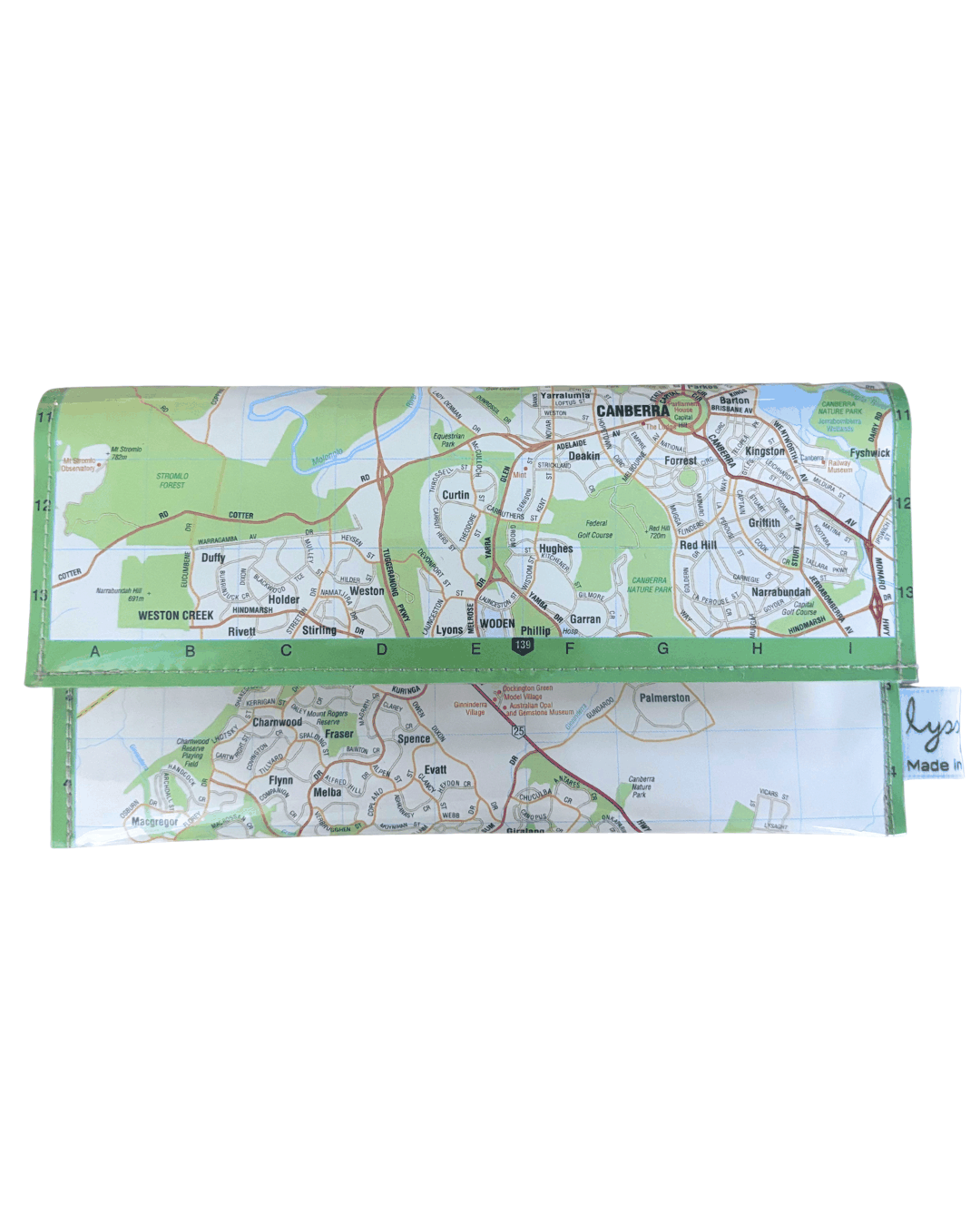 Handmade recycled map wallet featuring 1995 Canberra Northern Suburbs road atlas with travel guide lining and magnetic snap closure