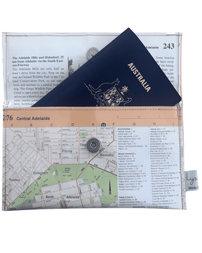 Recycled map wallet featuring 1995 Australian Road Atlas Central Adelaide design, slimline with magnetic clasp and clear PVC cover.