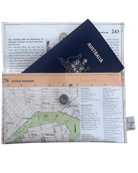 Recycled map wallet featuring 1995 Australian Road Atlas Central Adelaide design, slimline with magnetic clasp and clear PVC cover.