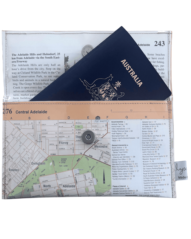 Recycled map wallet featuring 1995 Australian Road Atlas Central Adelaide design, slimline with magnetic clasp and clear PVC cover.
