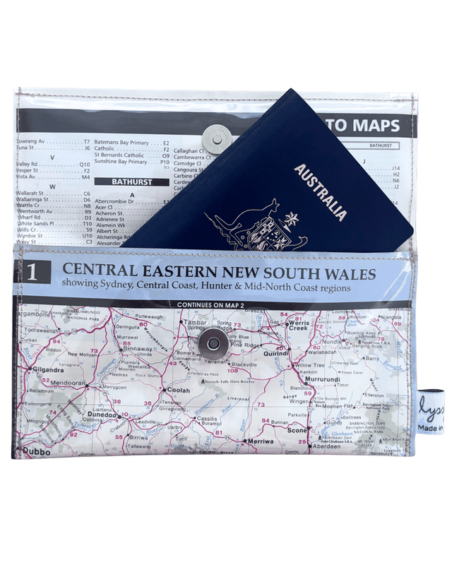Recycled street map wallet featuring Central Eastern New South Wales map made from upcycled 1998 directory pages with magnetic snap closure and clear PVC protection