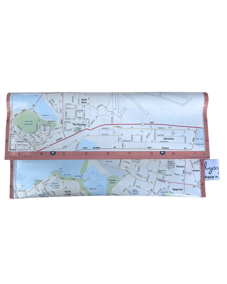 Recycled map wallet made from 1995 Darwin North Eastern Suburbs touring guide pages with magnetic clasp and PVC protection