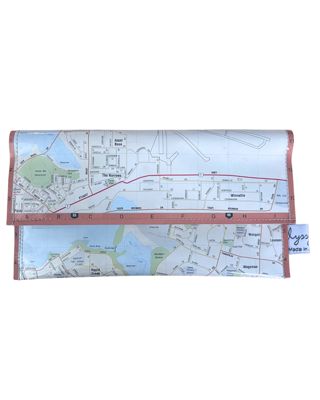 Recycled map wallet made from 1995 Darwin North Eastern Suburbs touring guide pages with magnetic clasp and PVC protection