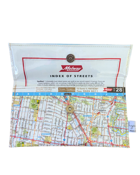 Recycled Street Map Wallet - Lyssy May Handmade Wallet recycled map of Essendon, Moonee Ponds, Ascot Vale and Maribyrnong