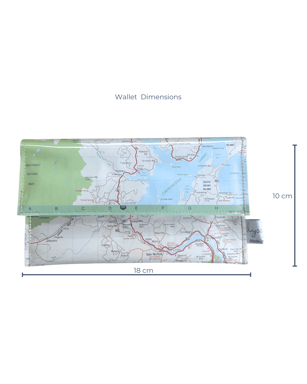 Recycled Map Wallet by LyssyMay Hobart Region dimensions of 18 cm by 10 cm