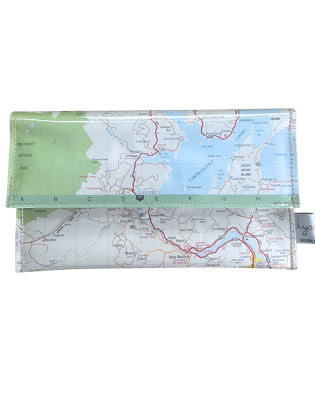 Recycled street map wallet featuring Tasmania Hobart region and Bruny Island design