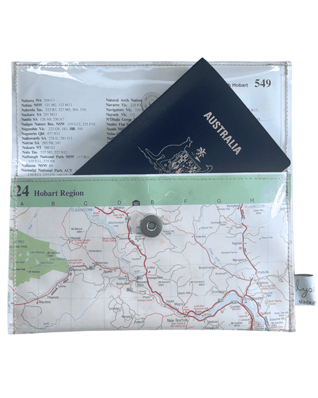 Recycled Map Wallet by LyssyMay Hobart Region inside view of lining with magnetic clip and showing passport can fit inside