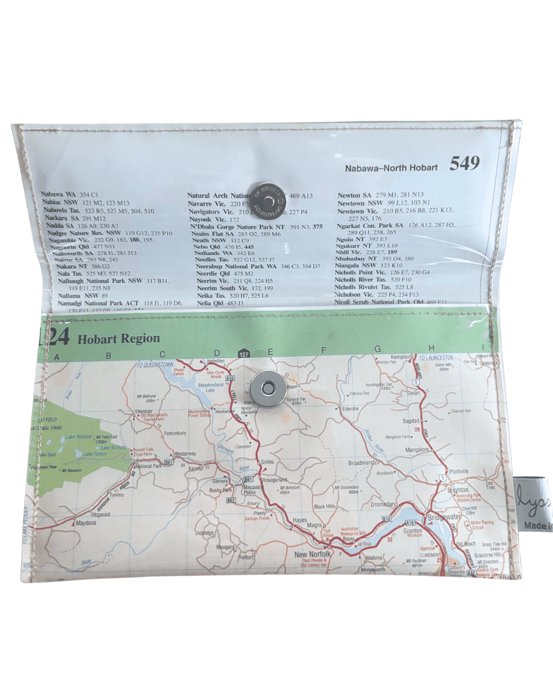 Recycled Map Wallet by LyssyMay Hobart Region inside view of lining with magnetic clip