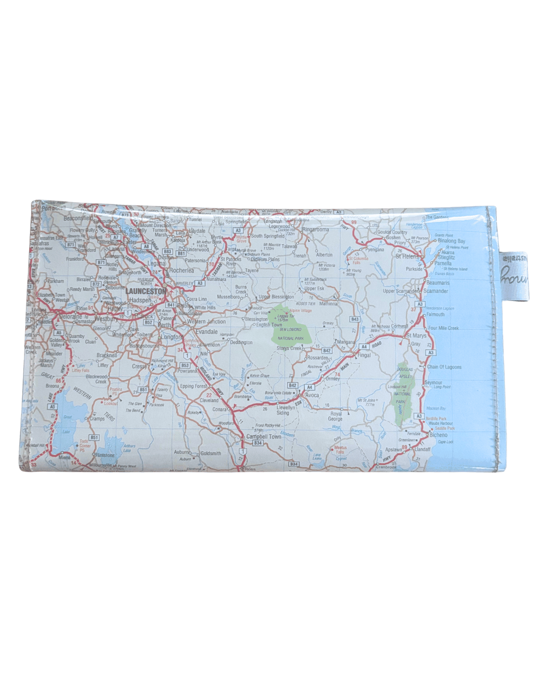 Back view of handmade wallet featuring Tasmania by Lyssy May with a clear plastic cover and metal buttons on a white background