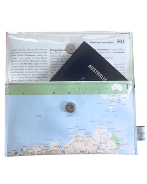 Recycled street map wallet featuring Tasmania, Launceston, and Bass Strait made from 1995 Australian Road Atlas pages