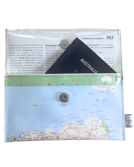 Recycled street map wallet featuring Tasmania, Launceston, and Bass Strait made from 1995 Australian Road Atlas pages