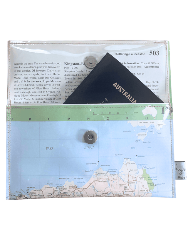 Recycled street map wallet featuring Tasmania, Launceston, and Bass Strait made from 1995 Australian Road Atlas pages