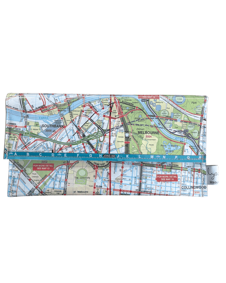 Handmade wallet by lyssymay featuring inner city melbourne suburbs. Front view of the wallet showing Southbank and Melbourne.
