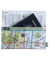 Recycled street map wallet featuring Melbourne inner city suburbs with clear PVC cover and magnetic closure