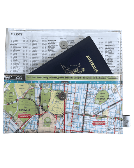 Recycled street map wallet featuring Melbourne inner city suburbs with clear PVC cover and magnetic closure