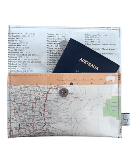 Recycled Map Wallet featuring Adelaide and surrounding South Australian regions made from a 1995 Australian Road Atlas page