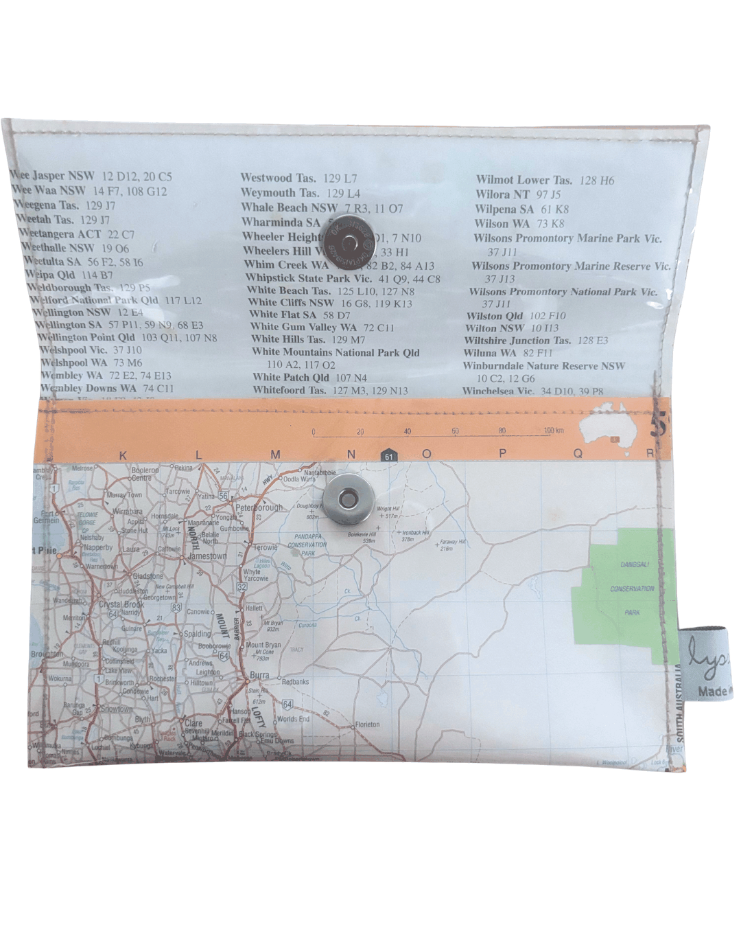Map-themed wallet with text and a map design on a white background