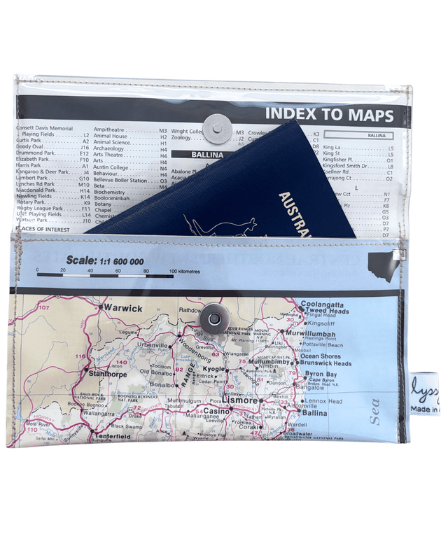 Recycled street map wallet featuring North Eastern New South Wales travel locations with clear PVC protection and magnetic snap closure