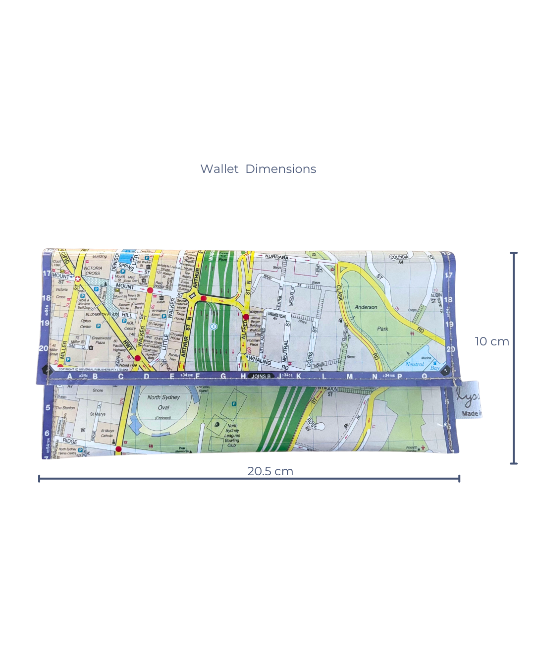 Map-patterned wallet with dimensions on a white background