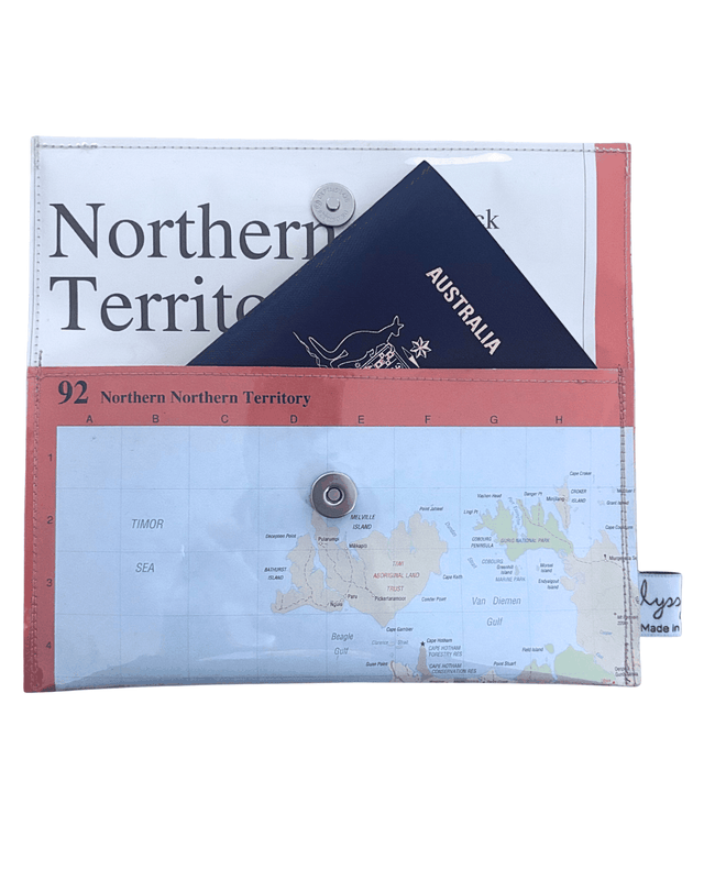 Recycled Map Wallet made from 1995 Northern Territory touring guide pages with magnetic clasp and clear PVC cover