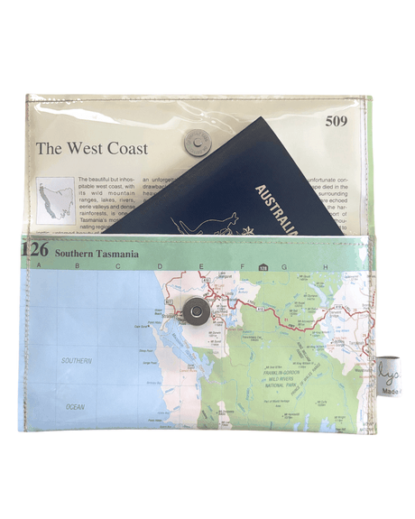Recycled street map wallet featuring Southern Tasmania, King Island, and Flinders Island from 1995 Australian Road Atlas